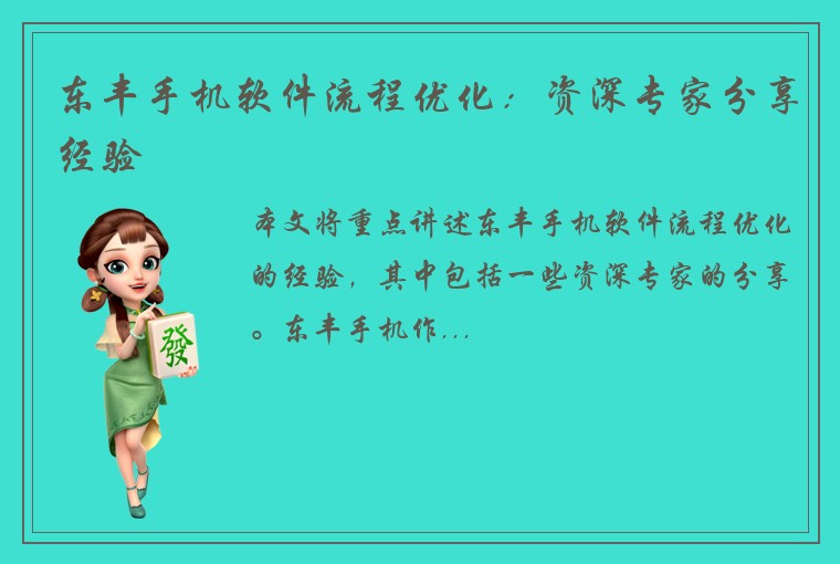 东丰手机软件流程优化：资深专家分享经验