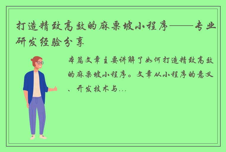 打造精致高效的麻栗坡小程序——专业研发经验分享