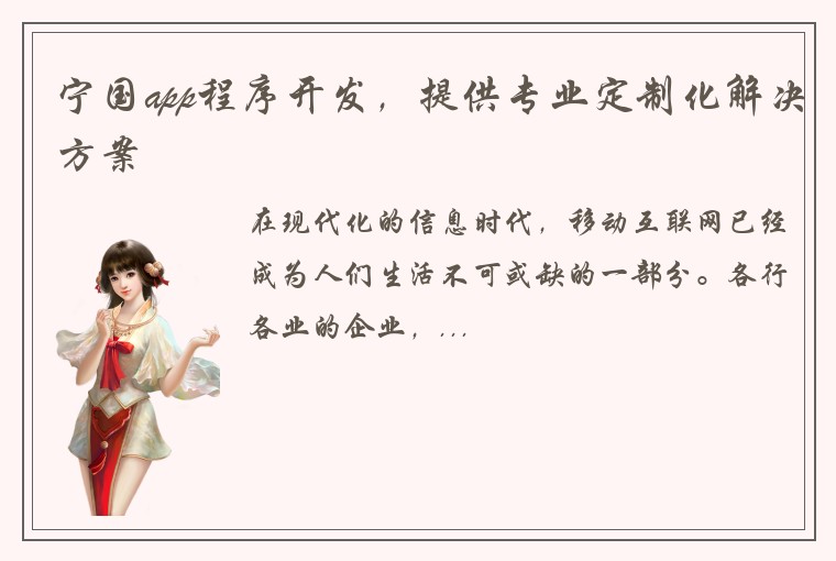 宁国app程序开发，提供专业定制化解决方案