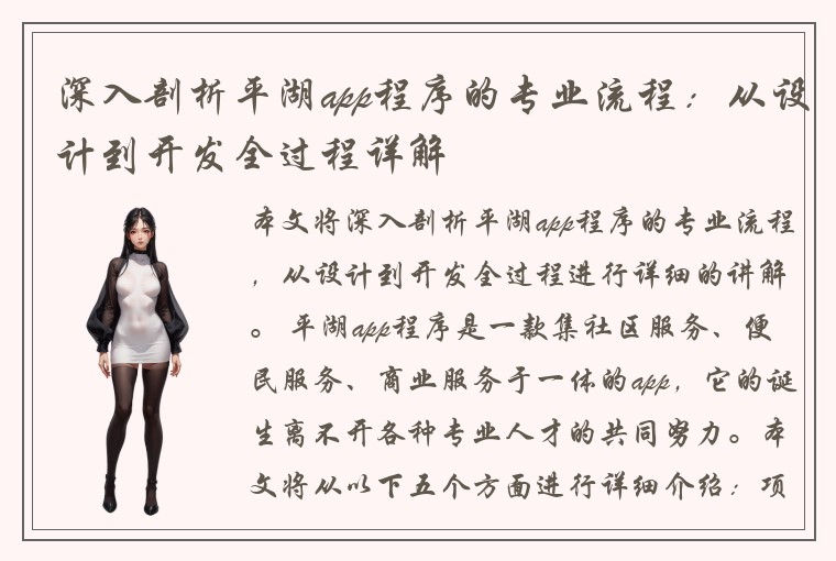 深入剖析平湖app程序的专业流程：从设计到开发全过程详解