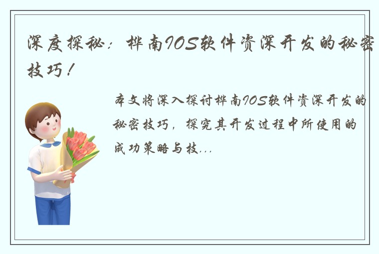 深度探秘：桦南IOS软件资深开发的秘密技巧！